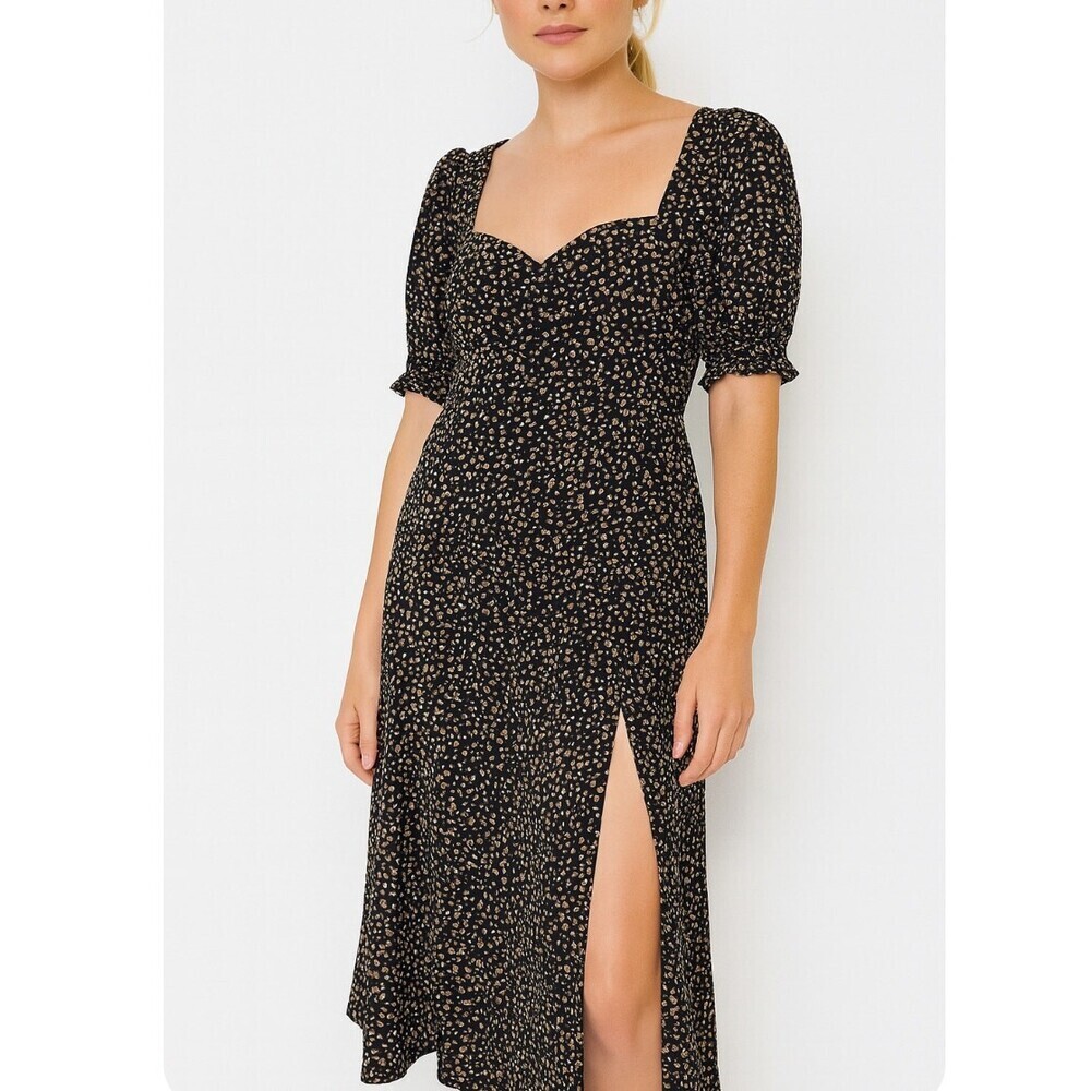 Scoop dress maxi brand black orange spotted cheetah/leopard print puff sleeve
